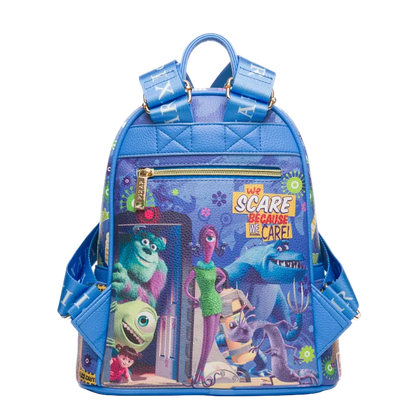 Blue backpack with animated character design on a white background