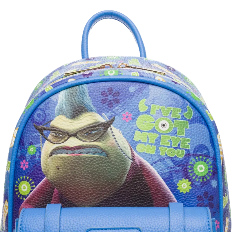 Backpack with cartoon character and text on a white background