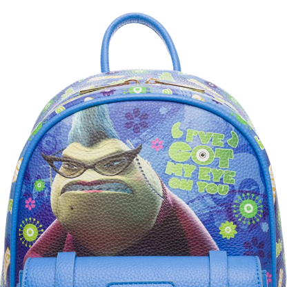 Backpack with cartoon character and text on a white background