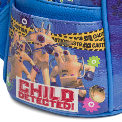 Close-up of a blue bag with cartoon character and 'Child Detected!' text