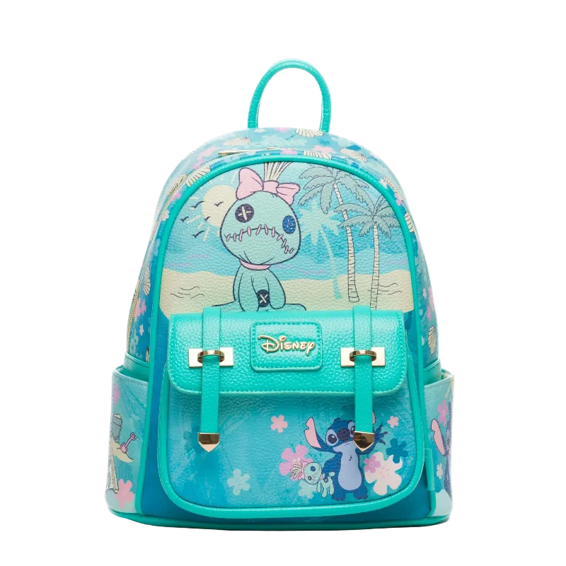 Teal backpack with cartoon character design on a white background