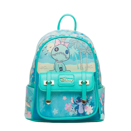 Teal backpack with cartoon character design on a white background