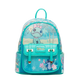 Teal backpack with cartoon character design on a white background