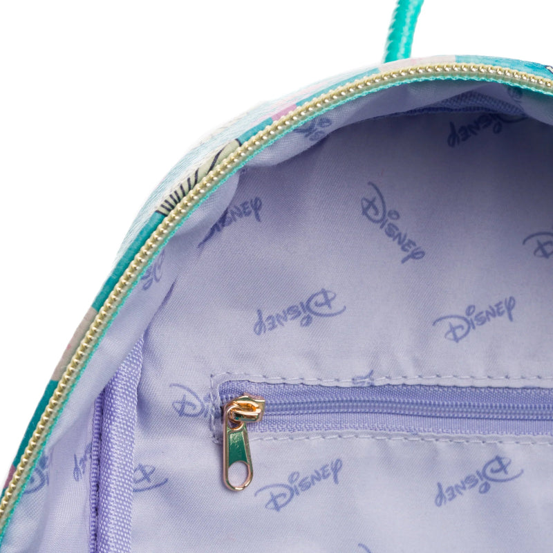 Close-up of a Disney-themed bag with a gold zipper and blue interior.