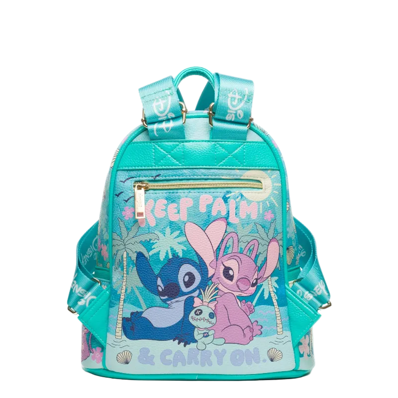 Teal backpack with cartoon characters and 'Keep Calm & Carry On' text on a white background