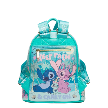 Teal backpack with cartoon characters and 'Keep Calm & Carry On' text on a white background