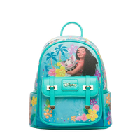 Teal backpack with Disney character design on a white background