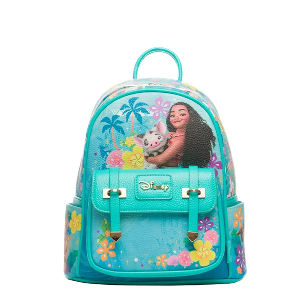 Teal backpack with Disney character design on a white background