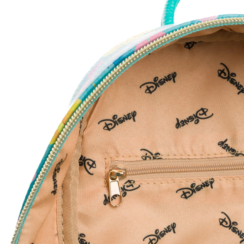 Close-up of a backpack with Disney logo on a beige interior