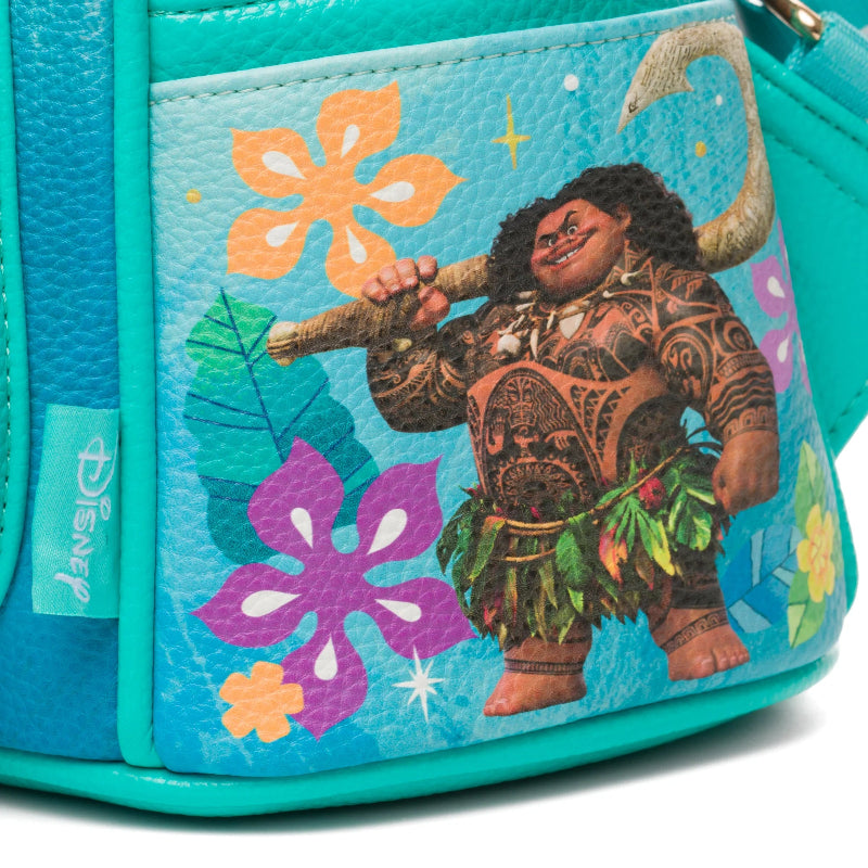 Teal bag with character design and floral elements on a white background
