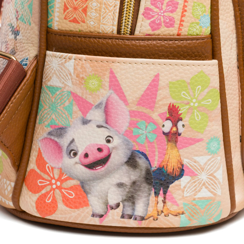 Backpack with cartoon pig and rooster design on a floral background