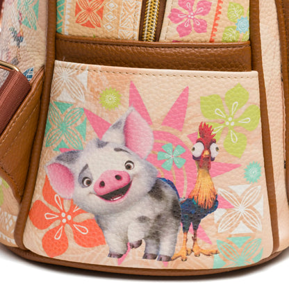 Backpack with cartoon pig and rooster design on a floral background