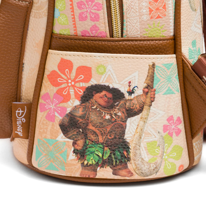 Backpack with character design and floral patterns on a beige background