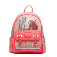 Pink backpack with Disney character design on a white background
