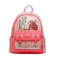 Pink backpack with Disney character design on a white background