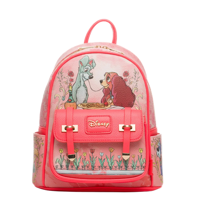 Pink backpack with Disney character design on a white background