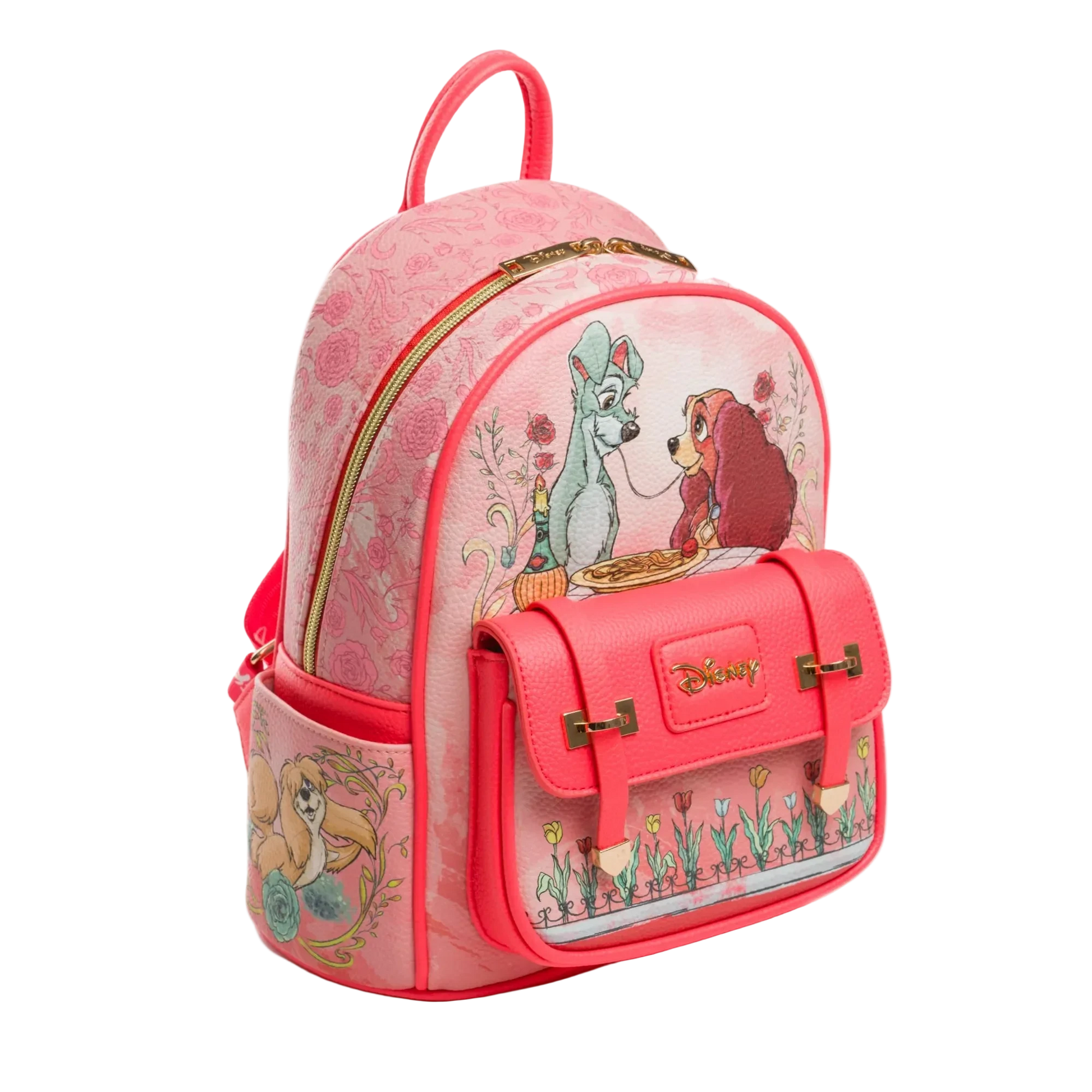 Pink backpack with animated character design on a white background