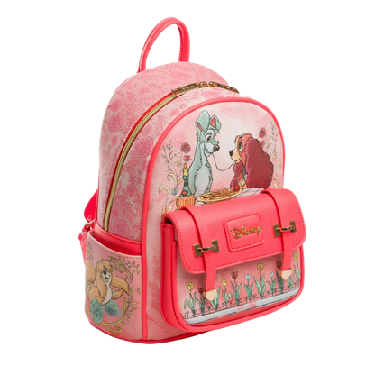Pink backpack with animated character design on a white background