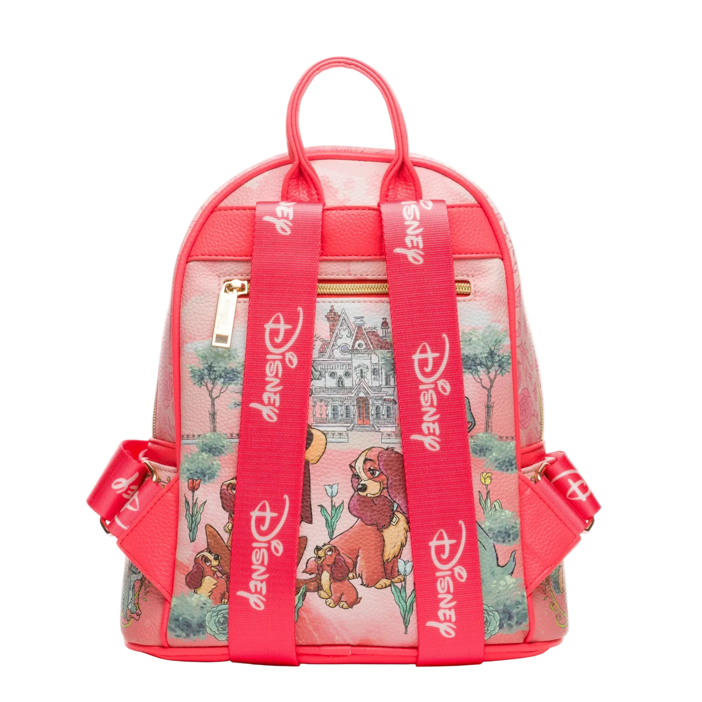 Pink backpack with Disney character design on a white background