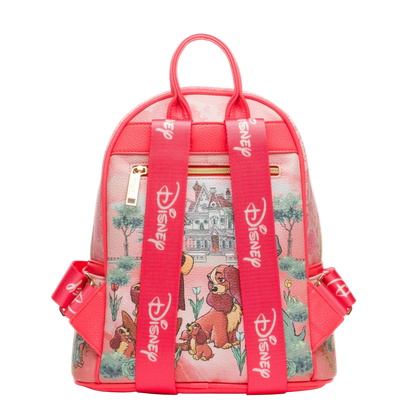 Pink backpack with Disney character design on a white background