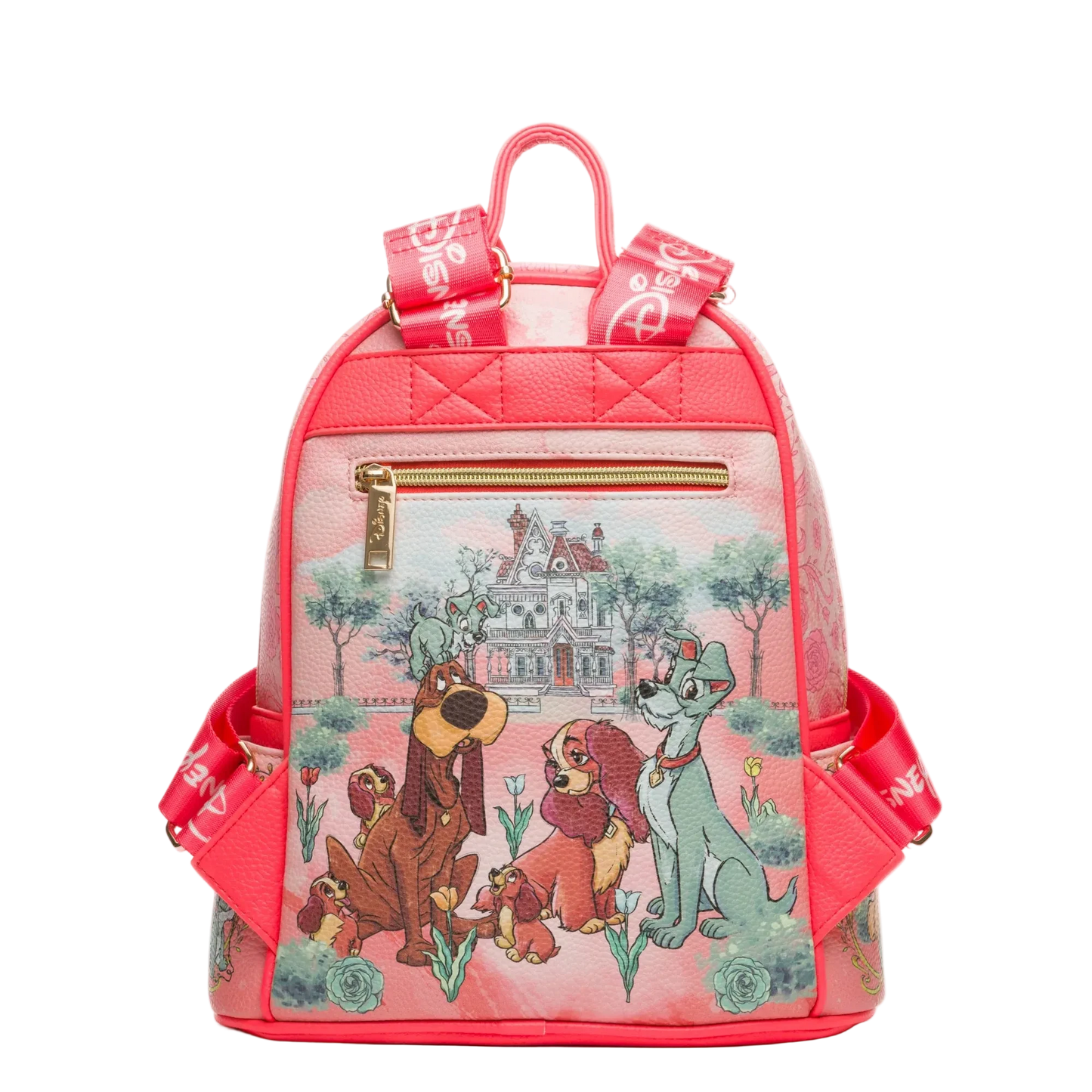 Pink backpack with cartoon characters and a house illustration on a white background