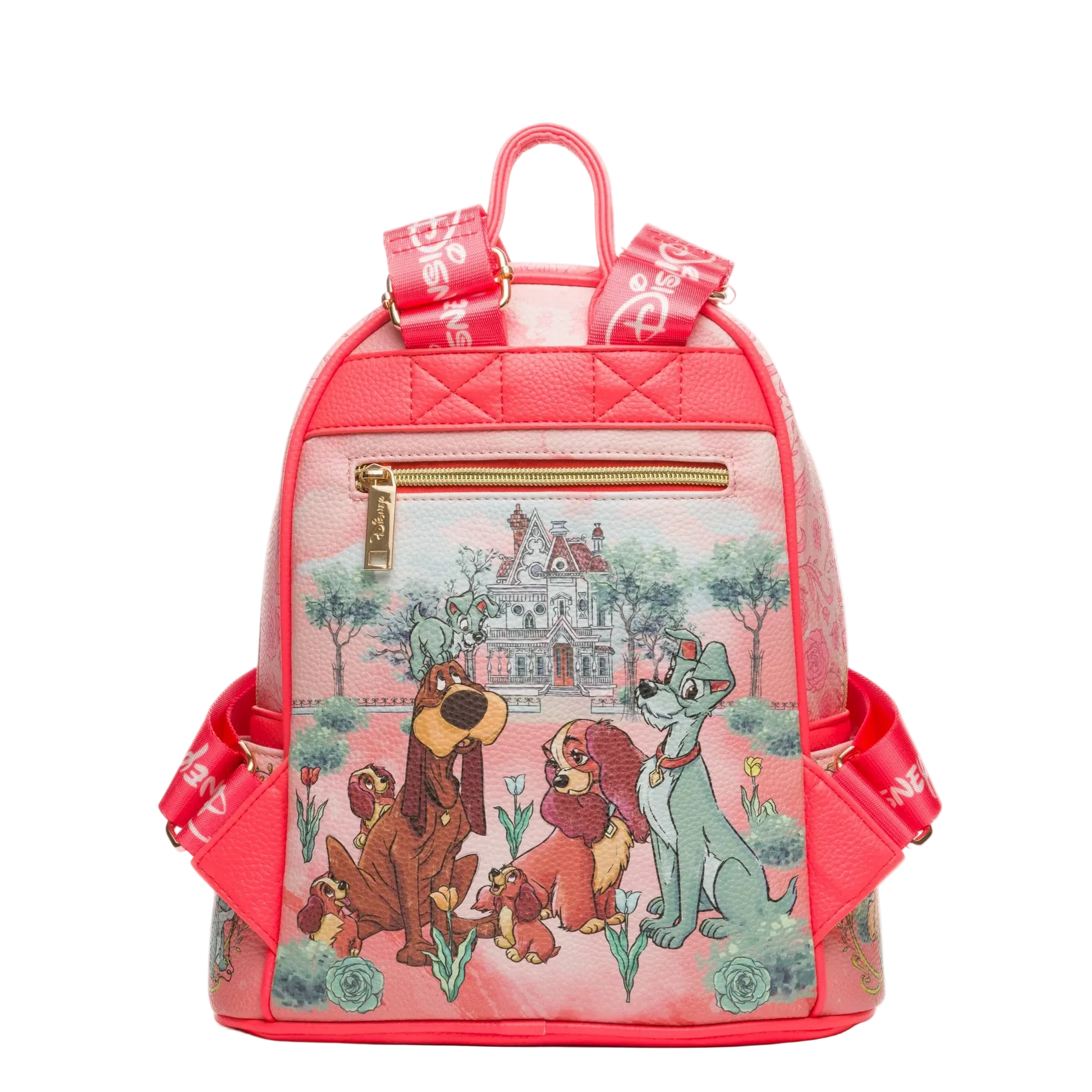 Pink backpack with cartoon characters and a house illustration on a white background