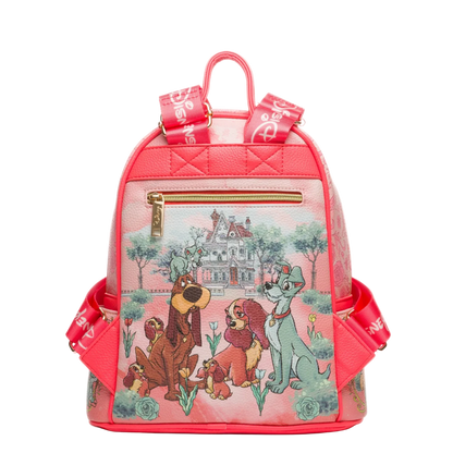 Pink backpack with cartoon characters and a house illustration on a white background