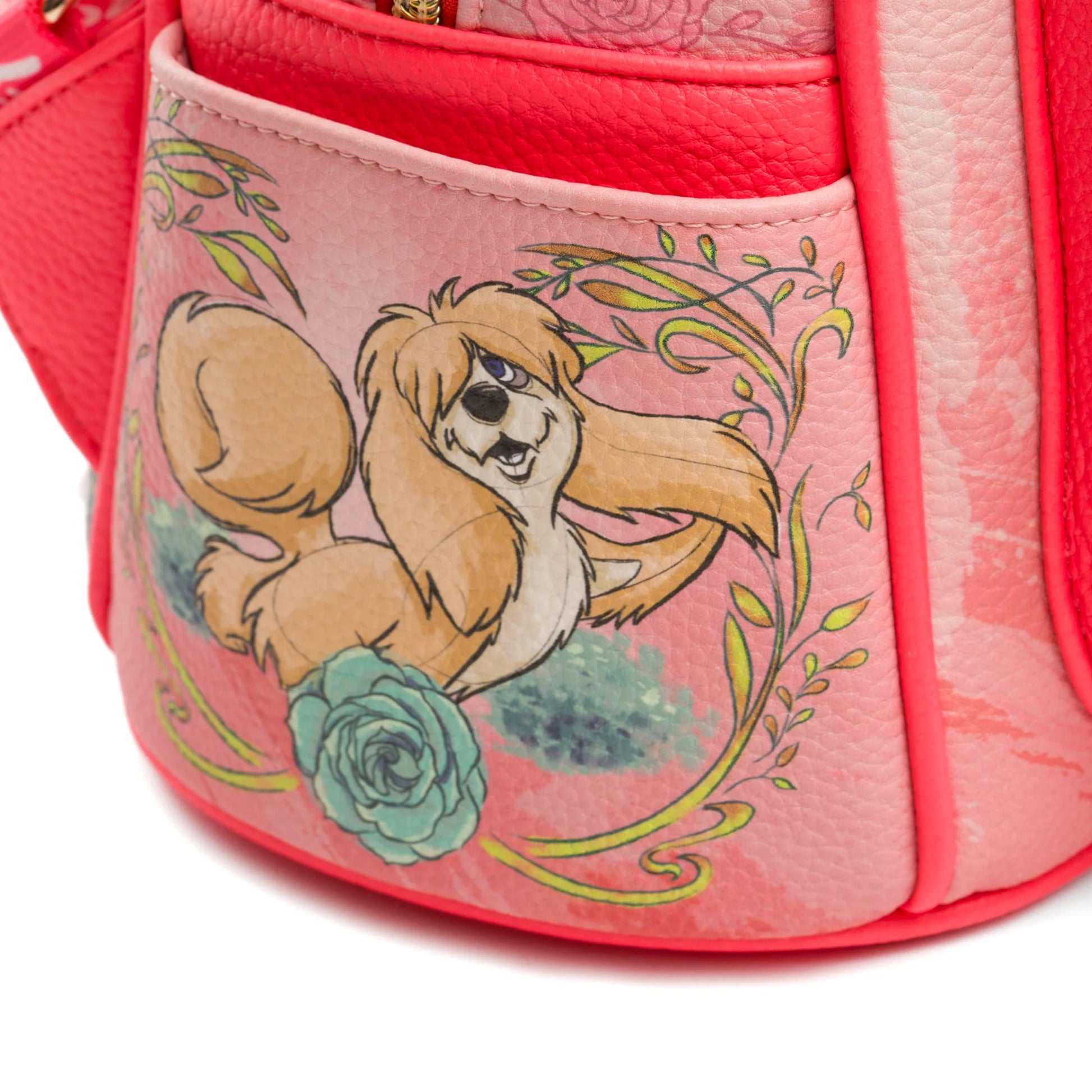 Pink bag with a cartoon character and floral design on a white background