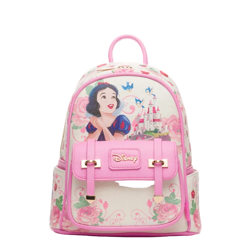 Pink backpack with Disney character design on a white background