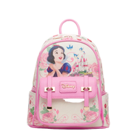 Pink backpack with Disney character design on a white background
