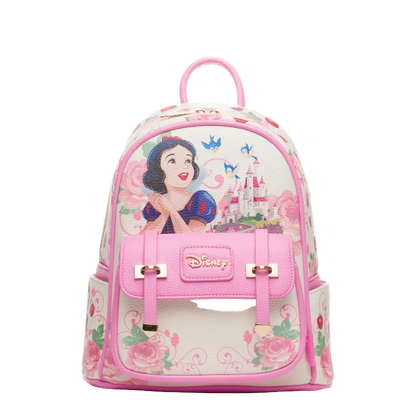 Pink backpack with Disney character design on a white background