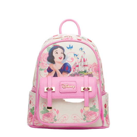 Pink backpack with Disney character design on a white background