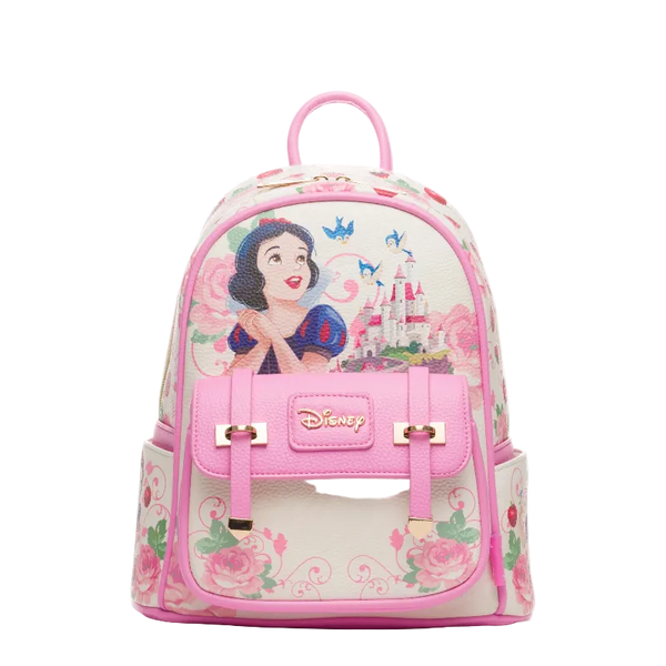 Pink backpack with Disney character design on a white background