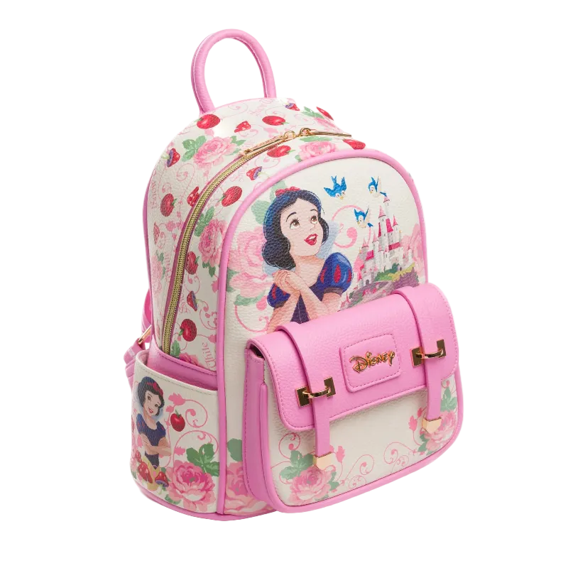 Pink backpack with Snow White design on a white background