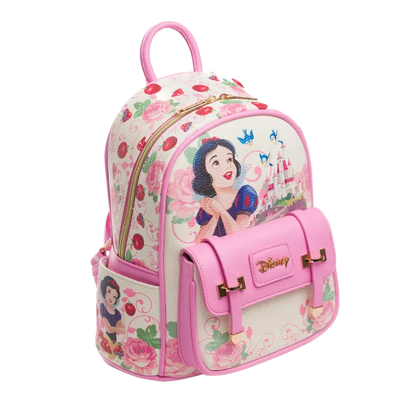 Pink backpack with Snow White design on a white background