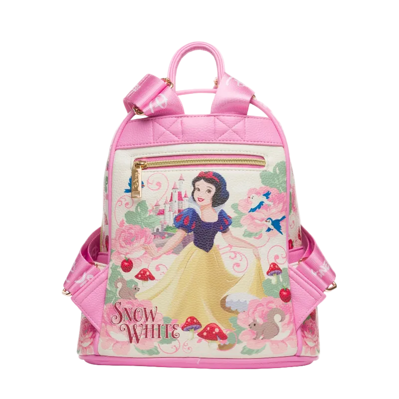 Pink backpack with Snow White design on a white background