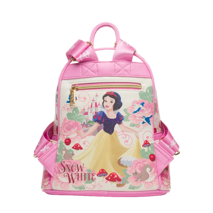 Pink backpack with Snow White design on a white background