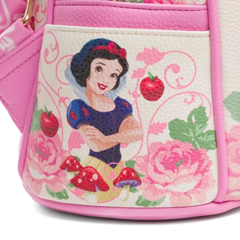 Pink bag with Snow White design featuring roses and mushrooms on a white background