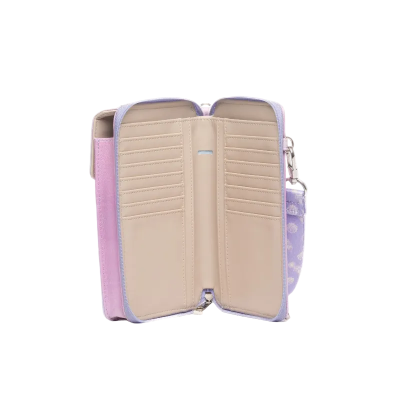 An open zip-around wallet with a pastel lavender exterior, beige interior card slots, and a lavender patterned wristlet strap on a plain white background.