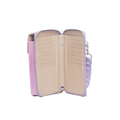 An open zip-around wallet with a pastel lavender exterior, beige interior card slots, and a lavender patterned wristlet strap on a plain white background.