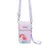 Disney Ariel phone pouch in a pastel purple and pink gradient with a matching patterned shoulder strap, featuring a silver metal buckle and the Disney logo on the front.