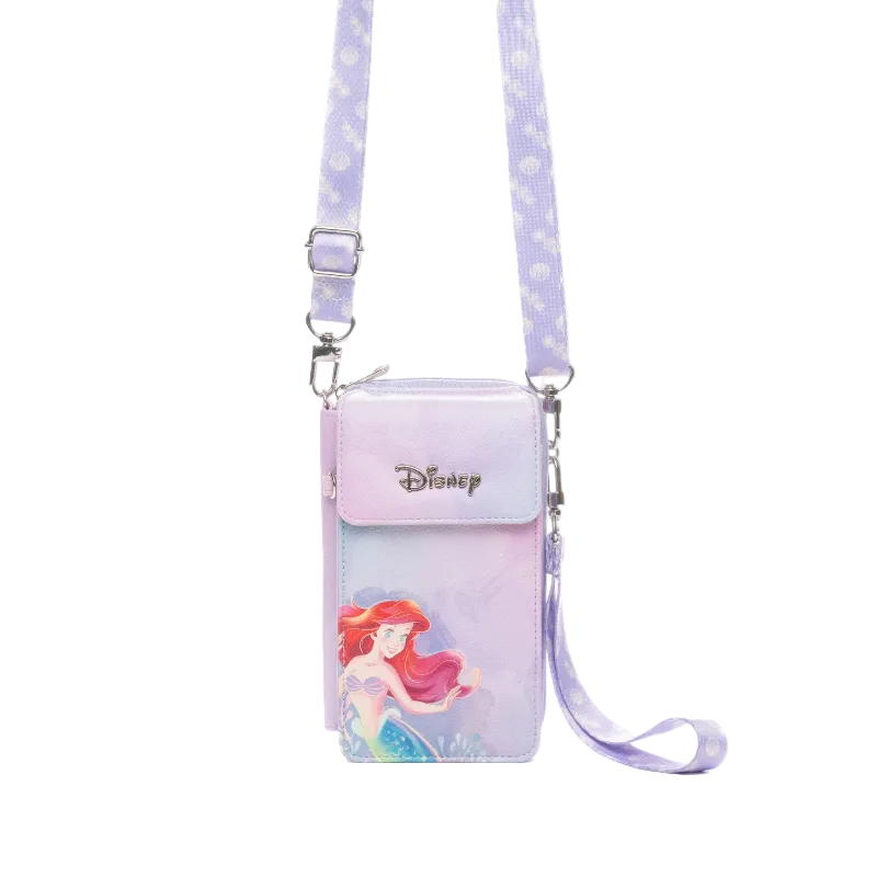 Disney Ariel phone pouch in a pastel purple and pink gradient with a matching patterned shoulder strap, featuring a silver metal buckle and the Disney logo on the front.
