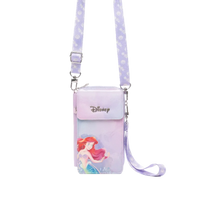 Disney Ariel phone pouch in a pastel purple and pink gradient with a matching patterned shoulder strap, featuring a silver metal buckle and the Disney logo on the front.