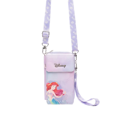 Disney Ariel phone pouch in a pastel purple and pink gradient with a matching patterned shoulder strap, featuring a silver metal buckle and the Disney logo on the front.