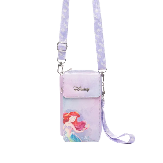 Disney Ariel phone pouch in a pastel purple and pink gradient with a matching patterned shoulder strap, featuring a silver metal buckle and the Disney logo on the front.