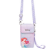 Disney Ariel phone pouch in a pastel purple and pink gradient with a matching patterned shoulder strap, featuring a silver metal buckle and the Disney logo on the front.