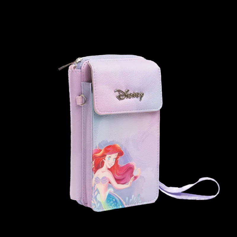 Disney-themed zip-around wallet featuring Ariel the Tinker Bell, shown on a clean white background. The wallet has a pastel gradient design transitioning from lavender to light purple, with a silver-tone Disney logo on the front flap and a matching wrist strap.