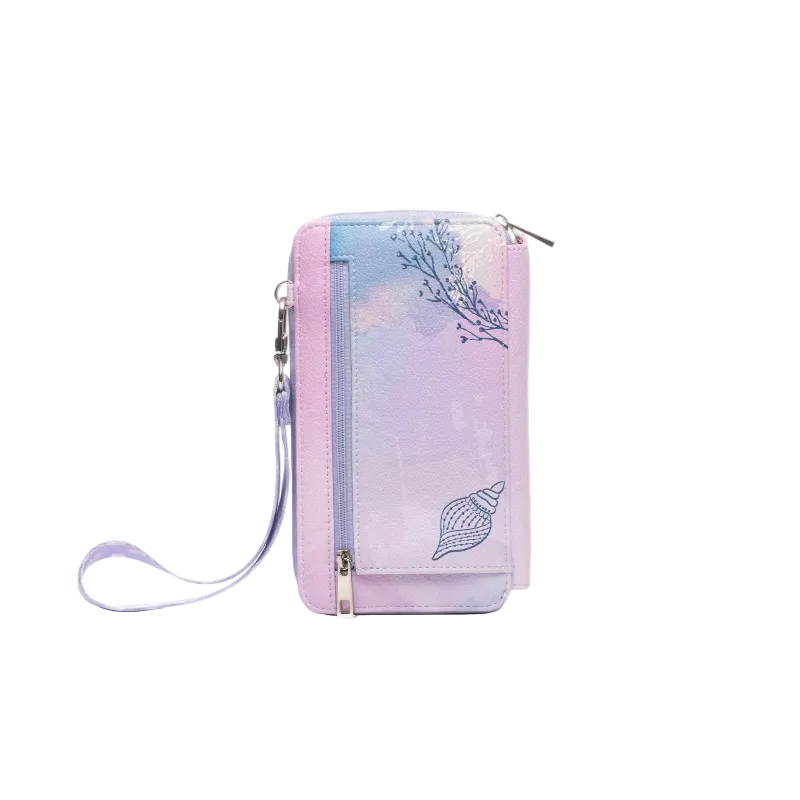 A pastel gradient zip-around phone pouch with a wrist strap, featuring a lavender and light blue iridescent finish, a seashell illustration, and delicate branch details on a white background.