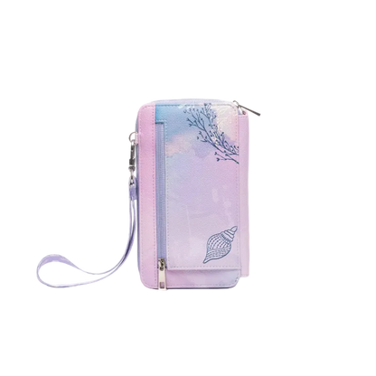 A pastel gradient zip-around phone pouch with a wrist strap, featuring a lavender and light blue iridescent finish, a seashell illustration, and delicate branch details on a white background.