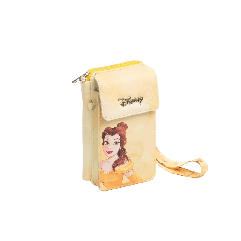 Disney Belle phone pouch in a pale yellow faux leather with a printed illustration of Belle on the front, featuring a top zipper, gold-tone logo, and matching wrist strap on a white background.